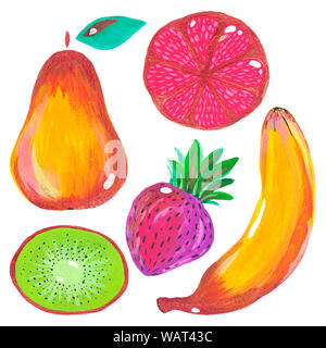 Illustrazione del dipinto a mano gouache acrilica. Set di frutta succosa. La frutta esotica pera banana fragola kiwi pompelmi su sfondo bianco. Foto Stock