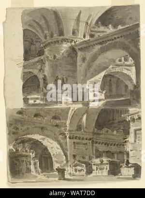 Disegno, due stadi di disegni, gli interni di edifici antichi, all'inizio del XIX secolo Foto Stock