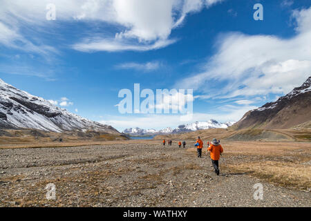 Gli escursionisti su Shackleton trail, Stromness Bay, Georgia del Sud Antartide Foto Stock