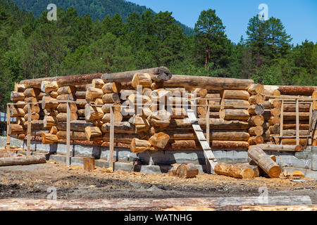 Costruzione di una grande casa in legno da una spessa legname tagliato nella taiga e riserva per la produzione di materiali da costruzione e eco-friendly Foto Stock