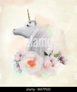 Bellissimo unicorno bianco con fiori Foto Stock