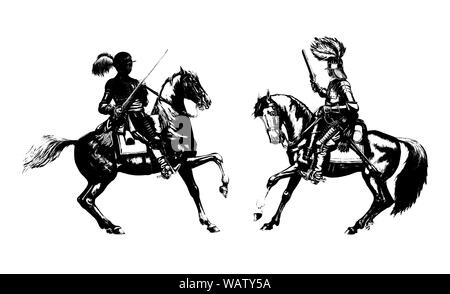 Montato cavalieri illustrazione. Cuirassier montato da trenta anni di guerra. Silhouette storico disegno. Foto Stock