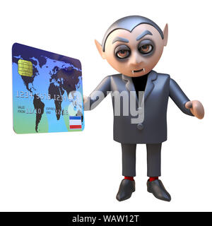 Cartoon 3d vampiro dracula monster di pagare con una carta di debito, 3D render illustrazione Foto Stock