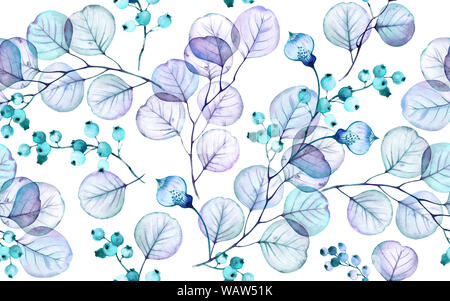 Foglie trasparente acquerello seamless pattern. Disegnato a mano illustrazione floreale con bacche di turchese per la progettazione di nozze, superficie, tessili, carta da parati Foto Stock
