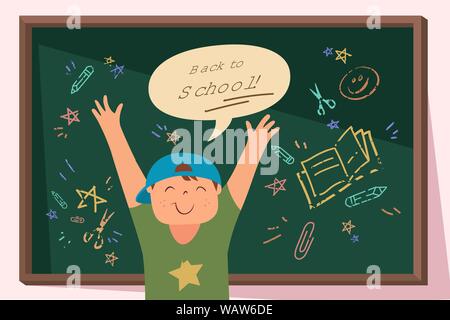 Scolaro di fronte blackboard riempita con messaggi e disegni circa tornare a scuola. Illustrazione Vettoriale
