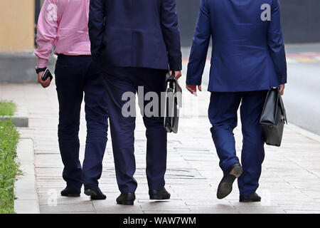Gli uomini in un business si adatta con valigette a camminare su una strada, vista posteriore. Concetto di elegante persone di successo, partner, imprenditori, gazzetta, carriera Foto Stock