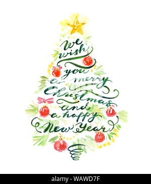 Merry Christmas holiday banner con pino, giocattoli e calligrafia lettering. Acquarello dipinto a mano nuovo anno poster sfondo. Gli elementi di design per Foto Stock