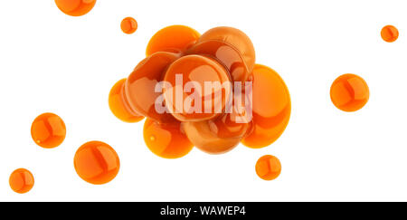 Caramelle di caramello e salsa di caramello isolati su sfondo bianco, vista dall'alto Foto Stock