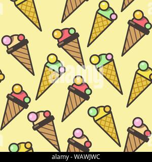 Coni gelato pattern seamless sfondo, illustrazione colorata. Design per carta da parati, carta regalo, riempimenti, sfondo della pagina web. Illustrazione Vettoriale