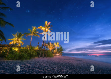 Spiaggia di sabbia con palme e sedie a sdraio sotto gli ombrelloni in blu ora Foto Stock