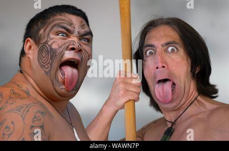 Due danzatori presso il rituale Haka danza con linguetta distesa, Maori spettacolo folcloristico, Whakarewarewa, Rotorua, Baia di Planty, Isola del nord, nuovo Foto Stock