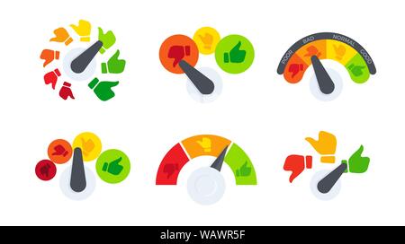 Misuratore di business o business modello indicatore con cartoon emotivo faccia. Rating astratto icone. Il controllo di qualità illustrazione vettoriale. Illustrazione Vettoriale