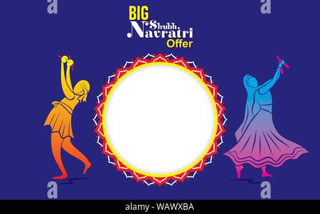 Creative navratri colorati festival, giovane giocando garba o dandiya danza design poster Illustrazione Vettoriale