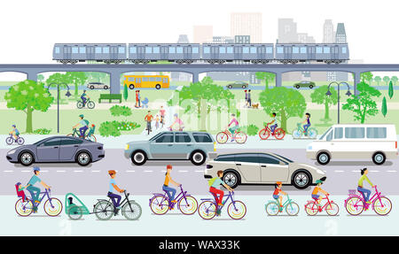 Paesaggio con i ciclisti e il traffico stradale Foto Stock