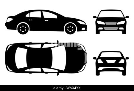 Silhouette di auto su sfondo bianco. Icone del veicolo imposta vista dal lato anteriore, posteriore e superiore Illustrazione Vettoriale