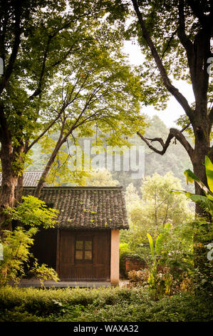 AUG 18, Hangzhou, Cina : Cinese locale vecchia country house sotto il grande albero verde nel villaggio di Fayun vicino al Tempio Lingyin monastero buddista Foto Stock