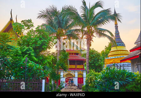 Prendere un periodo di riposo in un lussureggiante giardino verde di Wat Muen Larn con alte palme di fronte Ho Trai (manoscritto depositario) edificio, Chiang Mai, Thailandia Foto Stock