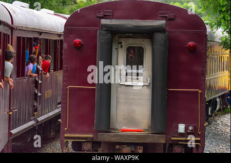 Bryson, North Carolina, Stati Uniti d'America - 3 Agosto 2019: passeggeri per turismo su una vista vedere treno guardare al passaggio di un treno auto. Foto Stock