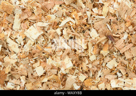 Una fresca di cui strato di ampio giardino corteccia Woodchips. Schegge di legno usato come cassetta di sicurezza superficie morbida in un gioco per bambini Parco, Vista dall'alto in basso. Alta risoluzione phot Foto Stock