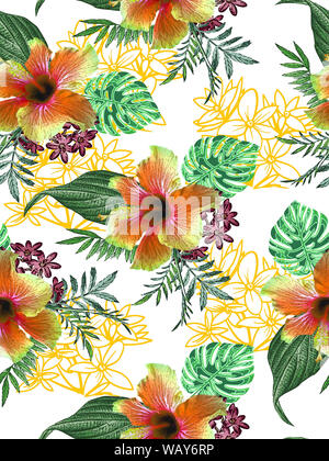 Fiore tropicale con foglie di pattern senza giunture Foto Stock