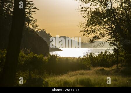 Ampio scatto di un mare circondato da montagne e alberi durante il tramonto Foto Stock