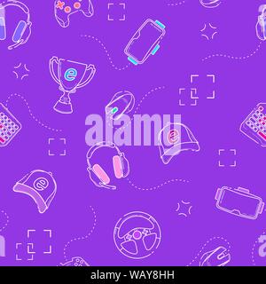 Gadget di gioco seamless pattern, contorno. Esports, pc e console giochi, realtà virtuale temi su sfondo viola. Illustrazione Vettoriale