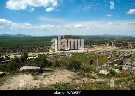 Volubilis Marocco, panorama della campagna quali arco di Caracalla Foto Stock