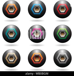 Illustrazione Vettoriale di nero goffrato altoparlante a sfera con icone di forma esagonale isolata su uno sfondo bianco Illustrazione Vettoriale