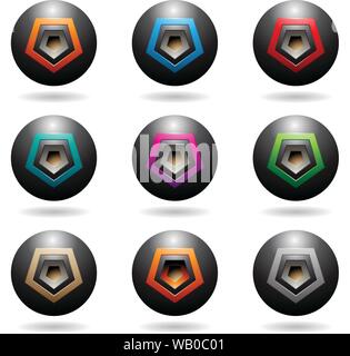 Illustrazione Vettoriale di nero goffrato altoparlante a sfera le icone con il Pentagono forme isolate su uno sfondo bianco Illustrazione Vettoriale
