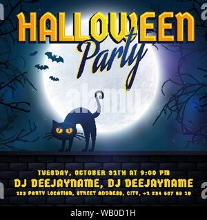 Festa di Halloween invito. Template vettoriale con la luna piena, scary alberi e male cat. Notte Spooky banner.