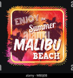 Malibu Beach vettore grafico per t shirt o poster su sfondo nero, illustrazione vettoriale Illustrazione Vettoriale