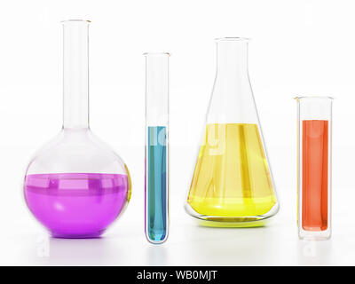 Tubi da laboratorio con liquidi colorati isolati su sfondo bianco. 3D'illustrazione. Foto Stock
