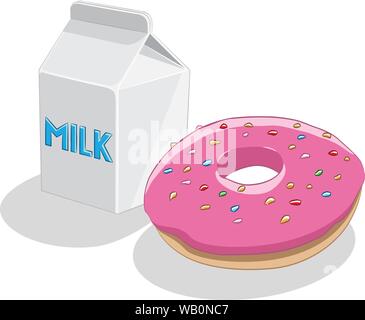 Illustrazione Vettoriale di fragola ciambella e colazione latte isolate su uno sfondo bianco Illustrazione Vettoriale