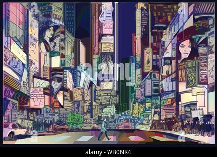 Illustrazione vettoriale di una strada nella città di New York di notte Illustrazione Vettoriale
