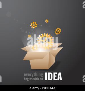 Tutto inizia con un'idea creativa poster, vettore simpatico cartoon illustrazione per il web e la stampa. Scatola ingranaggi con bokeh luci, innovazione inspi smart Illustrazione Vettoriale