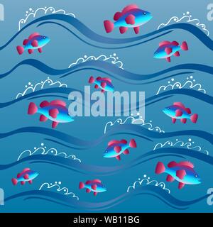 Pesci colorati nuotare nel mare onde. Sullo sfondo del mare. EPS vettoriali10 Illustrazione Vettoriale