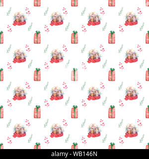 Senza cuciture a mano modello bozzetto candela che brucia nel natale candelabro di rami di abete con colorate acquerello blot. illustrazione. Foto Stock