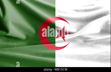 Bandiera realistica di Algeria sulla superficie ondulata di tessuto Foto Stock