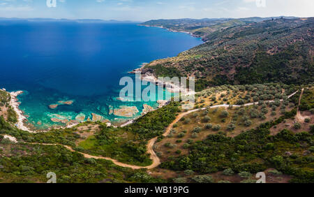 La Grecia, Pelion, Pagasetic Gulf, suono di Trikeri, Regione Volos, vista aerea di costa Pelion Foto Stock