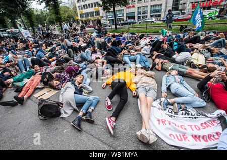 Monaco di Baviera, Germania. 23 Ago, 2019. Alcune delle centinaia di attivisti da venerdì per il futuro e la ribellione di estinzione in un die-in di fronte al Consolato Brasiliano a Monaco di Baviera, Germania. Rispondendo a rivendicazioni da parte di al Presidente del Brasile Bolsonaro che le ONG possono avere impostato gli incendi che attualmente infuria attraverso l'Amazzonia, attivisti dalla ribellione di estinzione e quindi il venerdì per il futuro si sono riuniti di fronte all'ambasciata brasiliana a Monaco di Baviera, Germania utilizzando una filiera in centinaia di grandi per portare attenzione alla distruzione della più grande del mondo di anidride carbonica repository attualmente in corso. (Credito Im Foto Stock