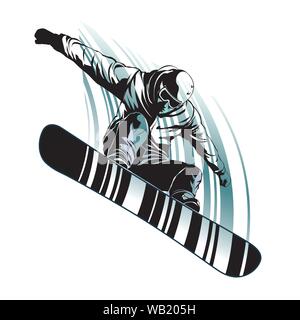 Snowboarder a saltare su sfondo bianco, vista frontale Illustrazione Vettoriale