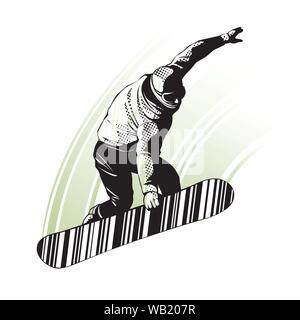 Snowboarder a saltare su sfondo bianco Illustrazione Vettoriale