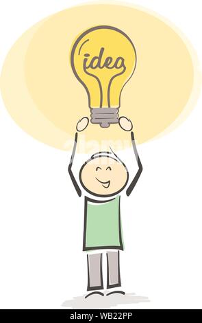 Stickman tiene luce incandescente lampadina con parola IDEA sopra la testa illustrazione vettoriale Illustrazione Vettoriale