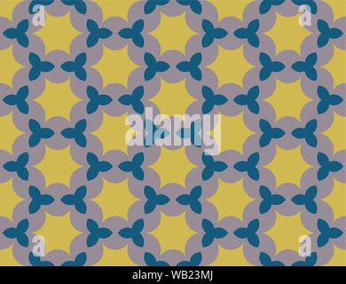 Vector seamless disegno geometrico. Giallo sagomato e stelle blu su sfondo viola. Illustrazione Vettoriale