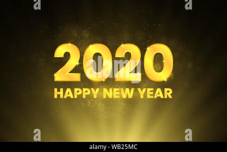 Buon Natale e Felice Anno Nuovo 2020. Numeri d'oro su sfondo nero. Testo di lusso modello. La retroilluminazione di oro e polvere magica. Numeri splendente. Vecto Illustrazione Vettoriale