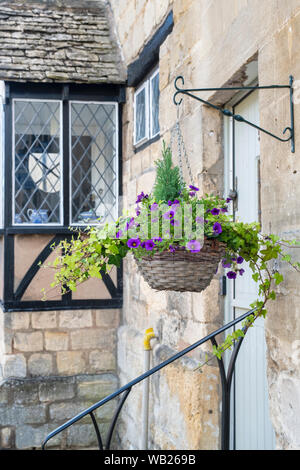 Fiori di petunia in una cesta appesa di fronte a una pietra di Cotswold House di Winchcombe, Cotswolds, Gloucestershire, Inghilterra Foto Stock