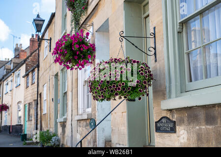 La Petunia Cascadia Rim fiori di magenta in una cesta appesa di fronte a una pietra di Cotswold House di Winchcombe, Cotswolds, Gloucestershire, Inghilterra Foto Stock