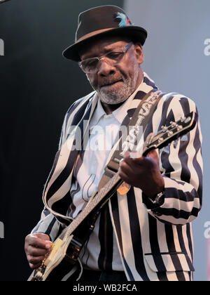 Portsmouth, Hampshire, Regno Unito. 23 agosto 2019. Il chitarrista Lynval Golding con gli Specials esecuzione dal vivo sul palco al Festival di Vittoriosa, Southsea, Portsmouth, Hampshire UK Credit: Dawn Fletcher-Park/Alamy Live News Foto Stock