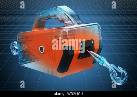 Visualizzazione 3D CAD modello di portatile verricello elettrico, cianografia. Il rendering 3D Foto Stock