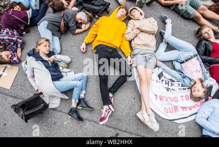 Monaco di Baviera, Germania. 23 Ago, 2019. Alcune delle centinaia di attivisti da venerdì per il futuro e la ribellione di estinzione in uno stampo in davanti al Consolato Brasiliano a Monaco di Baviera, Germania. Rispondendo a rivendicazioni da parte di al Presidente del Brasile Bolsonaro che le ONG possono avere impostato gli incendi che attualmente infuria attraverso l'Amazzonia, attivisti dalla ribellione di estinzione e quindi il venerdì per il futuro si sono riuniti di fronte all'ambasciata brasiliana a Monaco di Baviera, Germania utilizzando una filiera in centinaia di grandi per portare attenzione alla distruzione della più grande del mondo di anidride carbonica repository attualmente in corso. (Credito Ima Foto Stock
